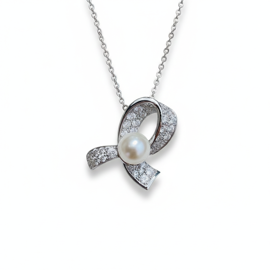 Akoya pearl and diamond ribbon necklace in platinum — M Grace Jewelry