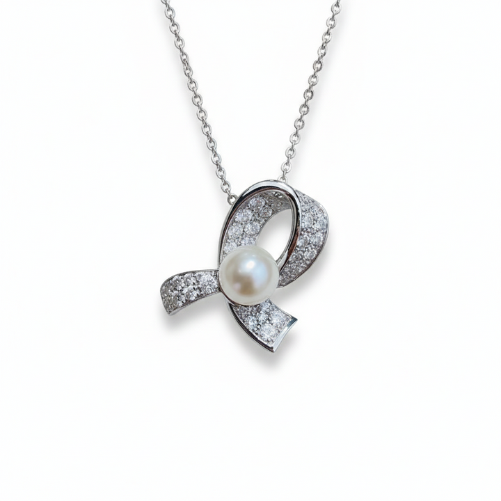 Akoya pearl and diamond ribbon necklace in platinum — M Grace Jewelry