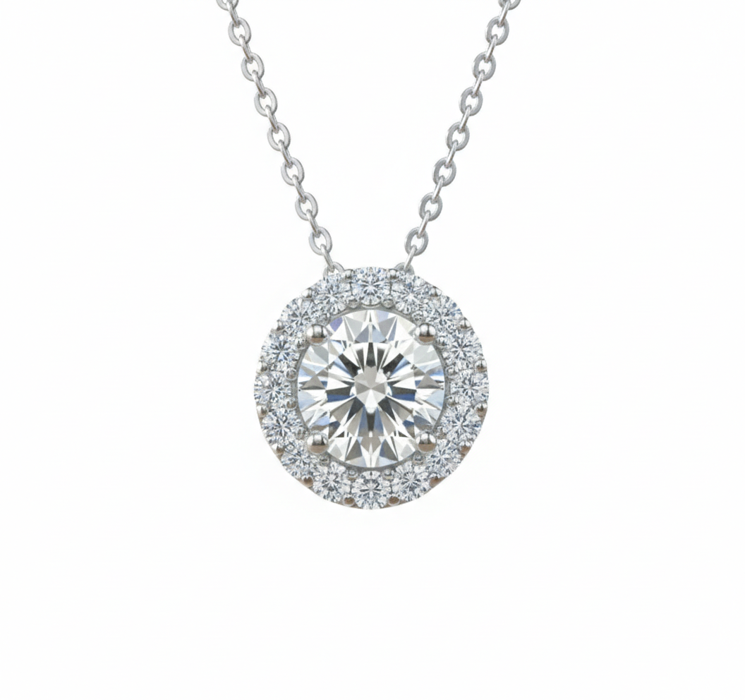 Platinum halo diamond pendant necklace, round brilliant center — M Grace Jewelry