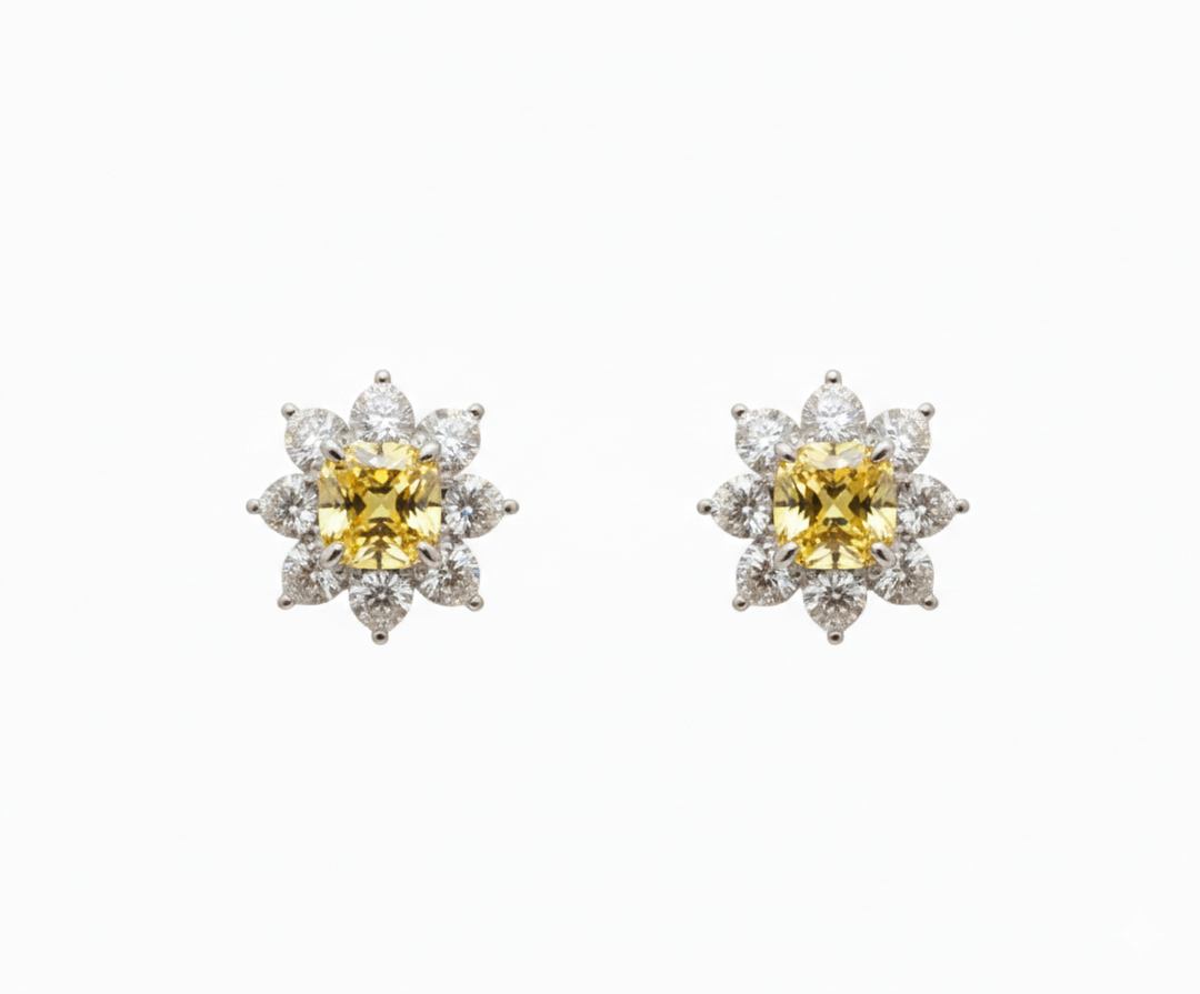 Platinum fancy yellow diamond heart cluster earrings — M Grace Jewelry