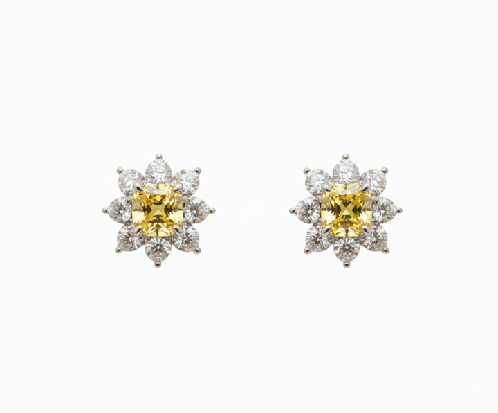 Platinum fancy yellow diamond heart cluster earrings — M Grace Jewelry