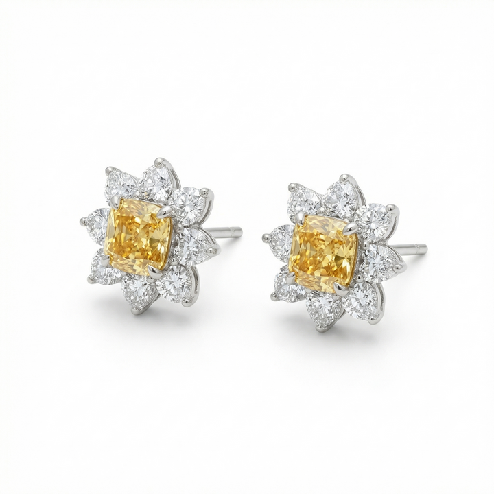 Platinum fancy yellow diamond heart cluster earrings — M Grace Jewelry
