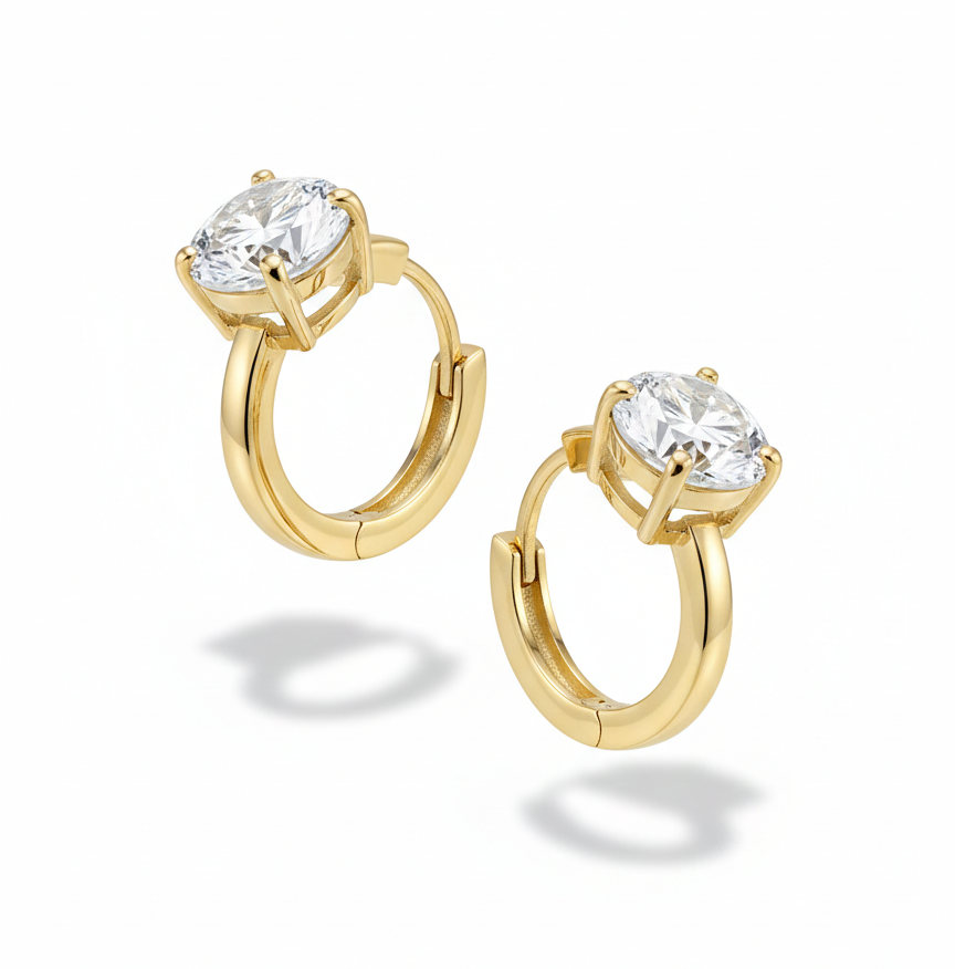 Gold diamond hoop earrings, vertical prong setting — M Grace Jewelry