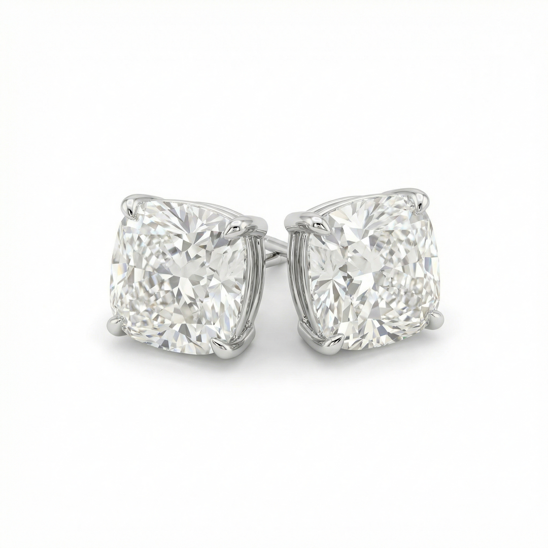 Cushion cut lab-grown diamond stud earrings in platinum, M Grace Jewelry