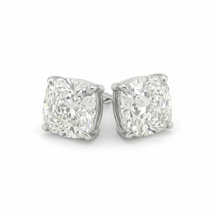 Cushion cut lab-grown diamond stud earrings in platinum, M Grace Jewelry
