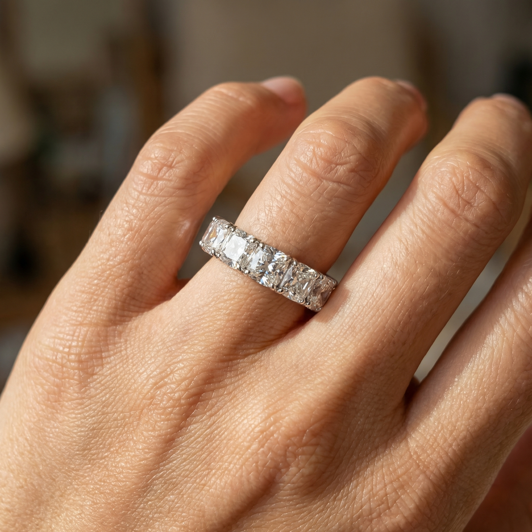 Platinum cushion-cut full eternity ring lab diamonds M Grace Jewelry