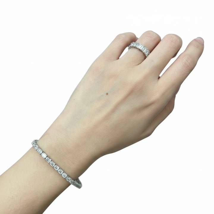Emerald cut north-south lab diamond tennis bracelet in platinum — M Grace Jewelry