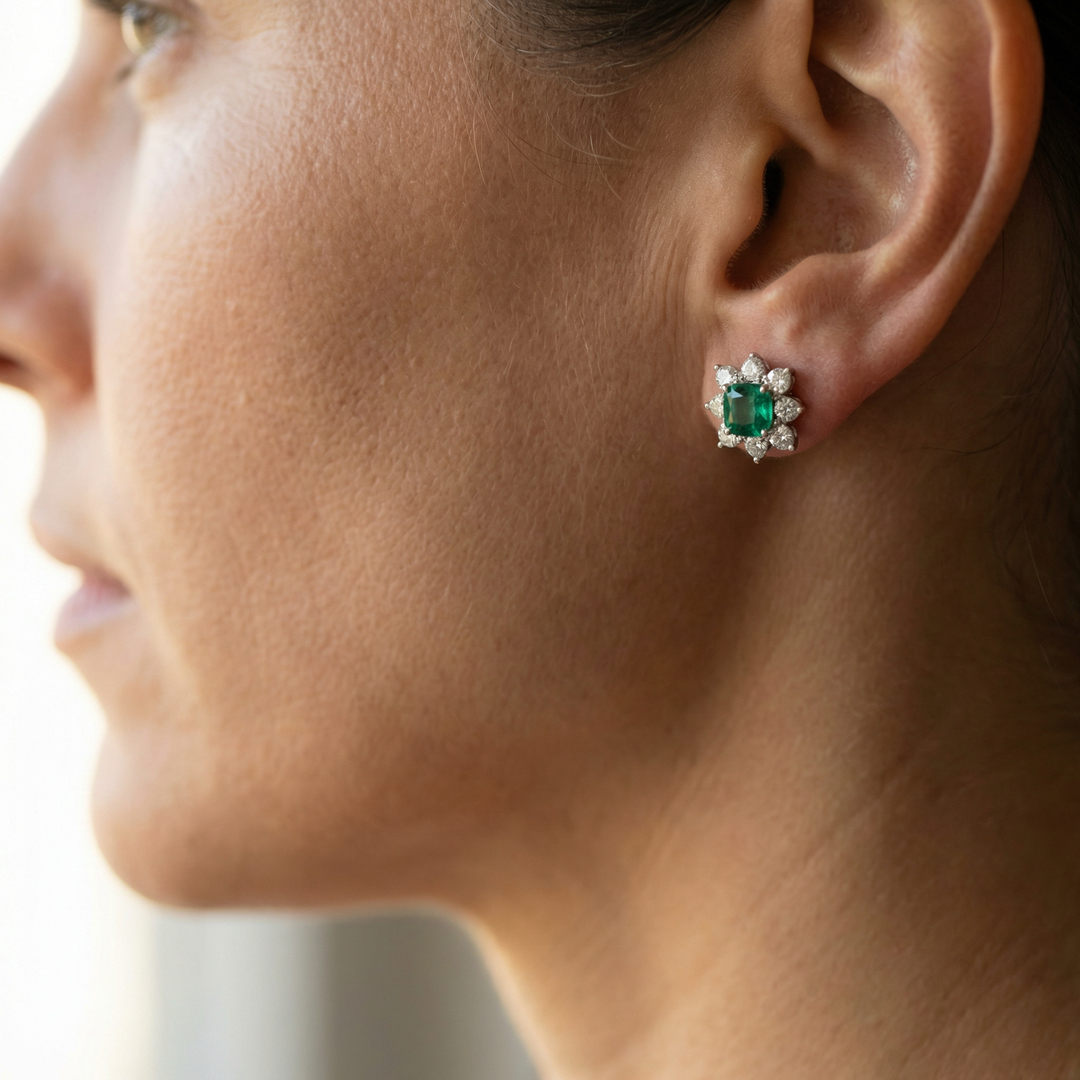 Platinum lab emerald and diamond floral stud earrings — M Grace Jewelry