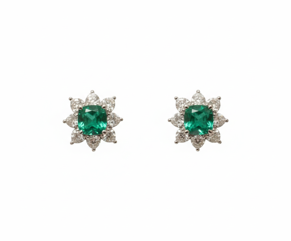 Platinum lab emerald and diamond floral stud earrings — M Grace Jewelry