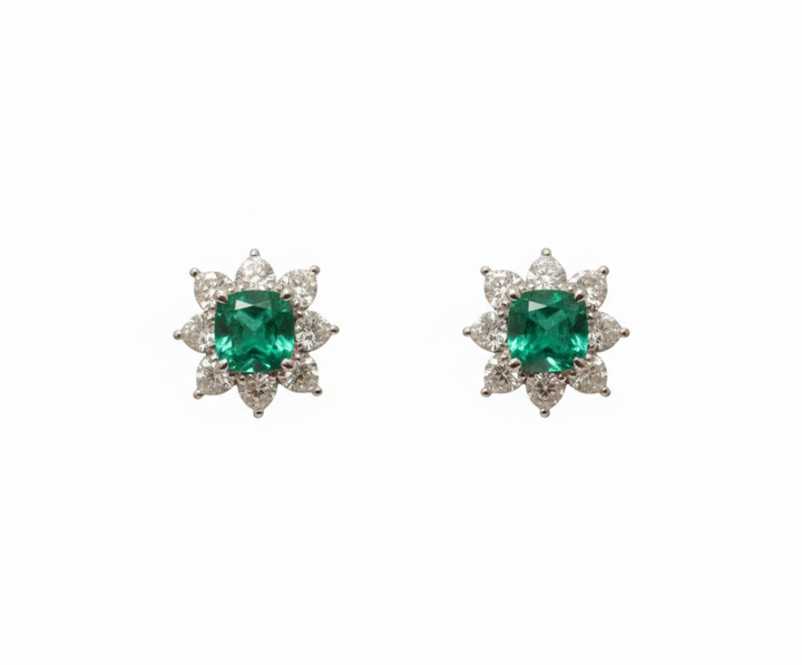 Platinum lab emerald and diamond floral stud earrings — M Grace Jewelry