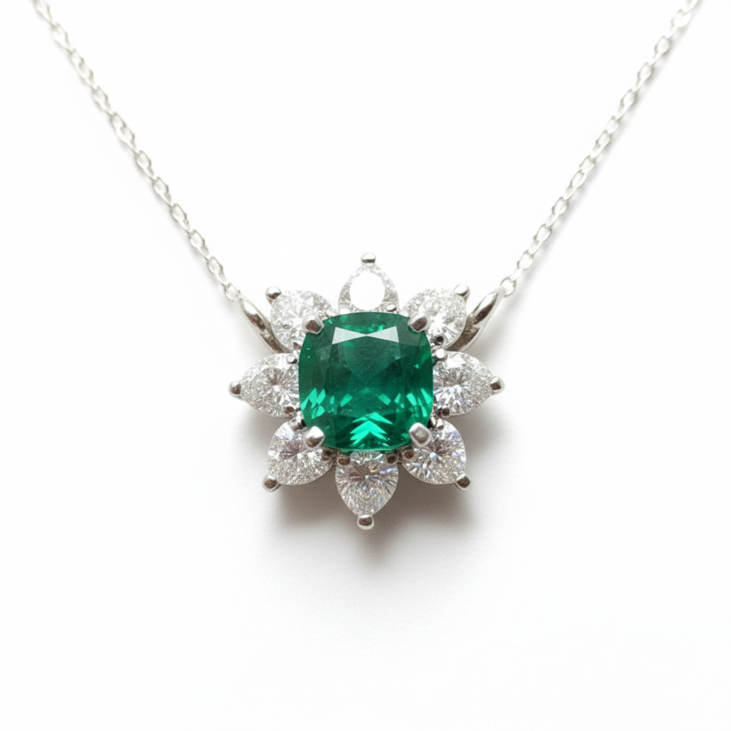 Platinum lab-grown emerald and diamond floral pendant necklace, M Grace Jewelry