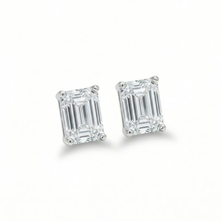 Emerald cut lab diamond stud earrings in platinum — M Grace Jewelry