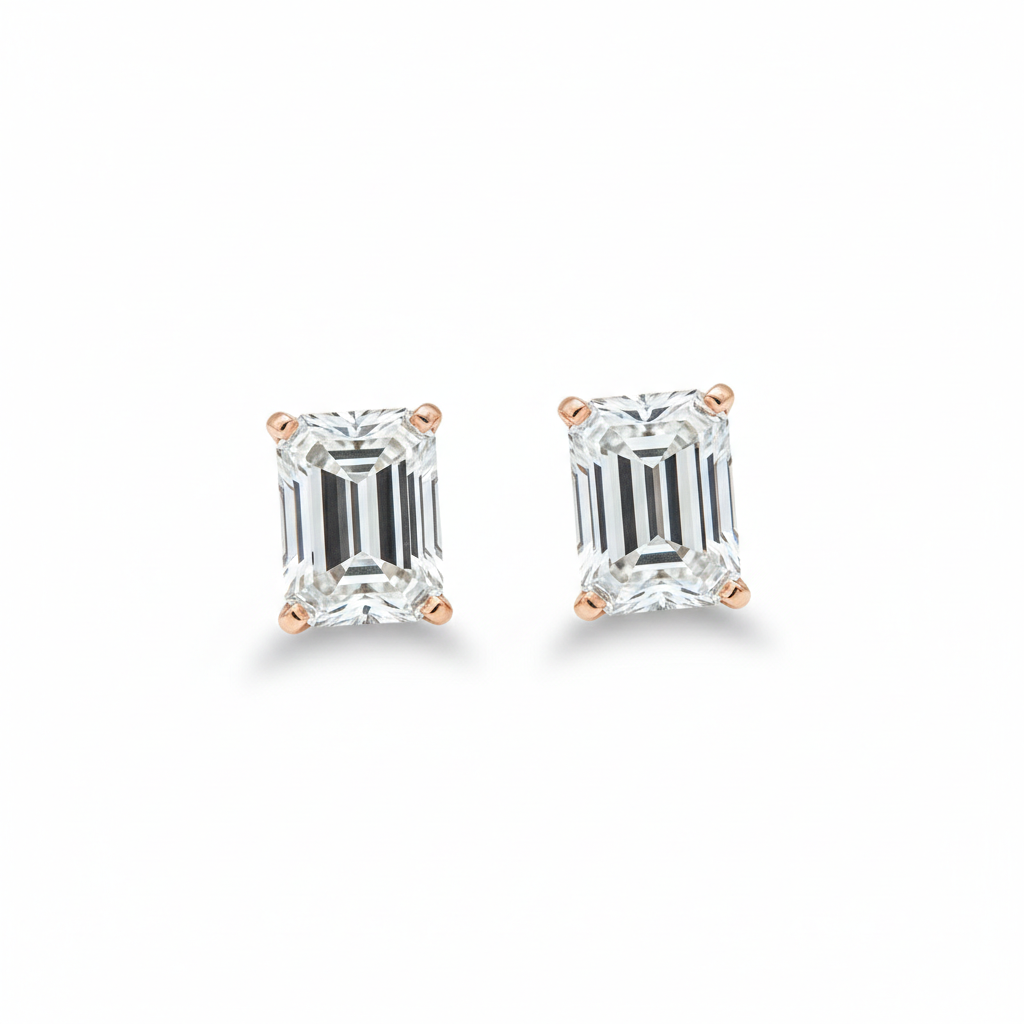 Emerald cut lab diamond stud earrings in rose gold — M Grace Jewelry