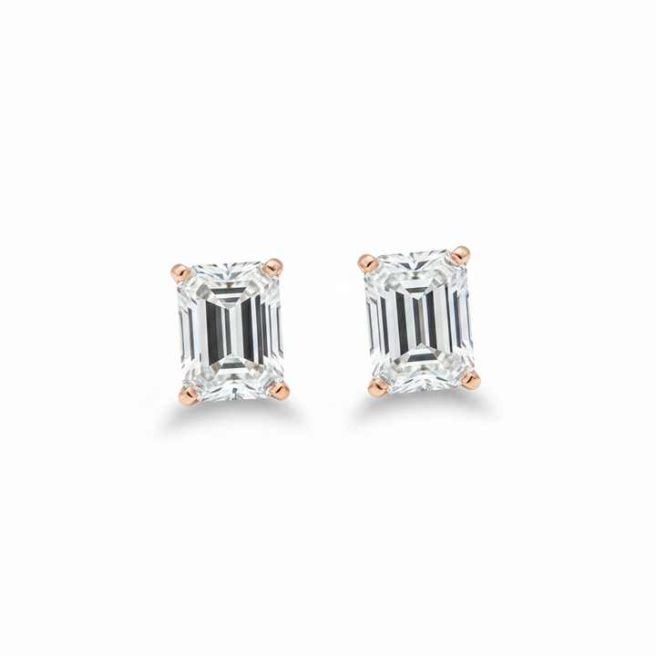 Emerald cut lab diamond stud earrings in rose gold — M Grace Jewelry