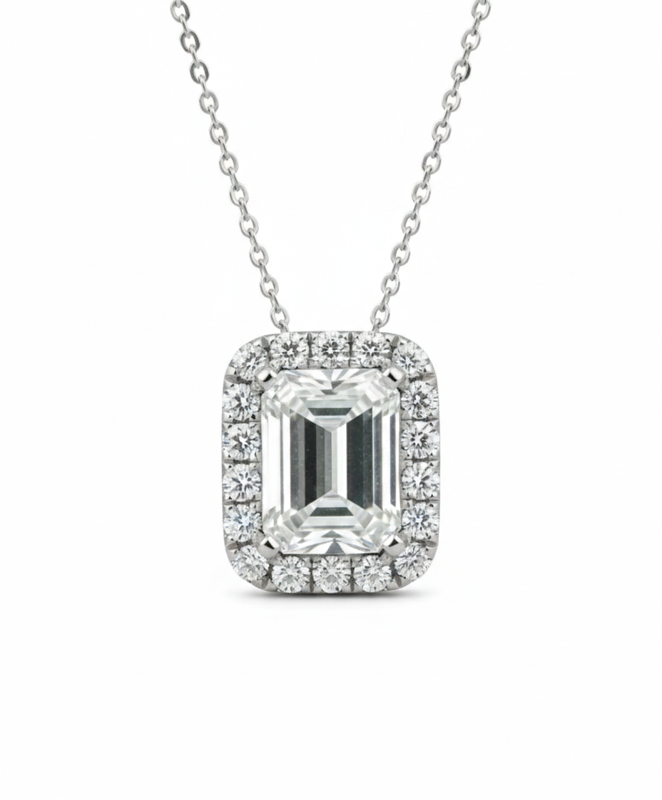 Platinum emerald-cut diamond halo pendant necklace — M Grace Jewelry