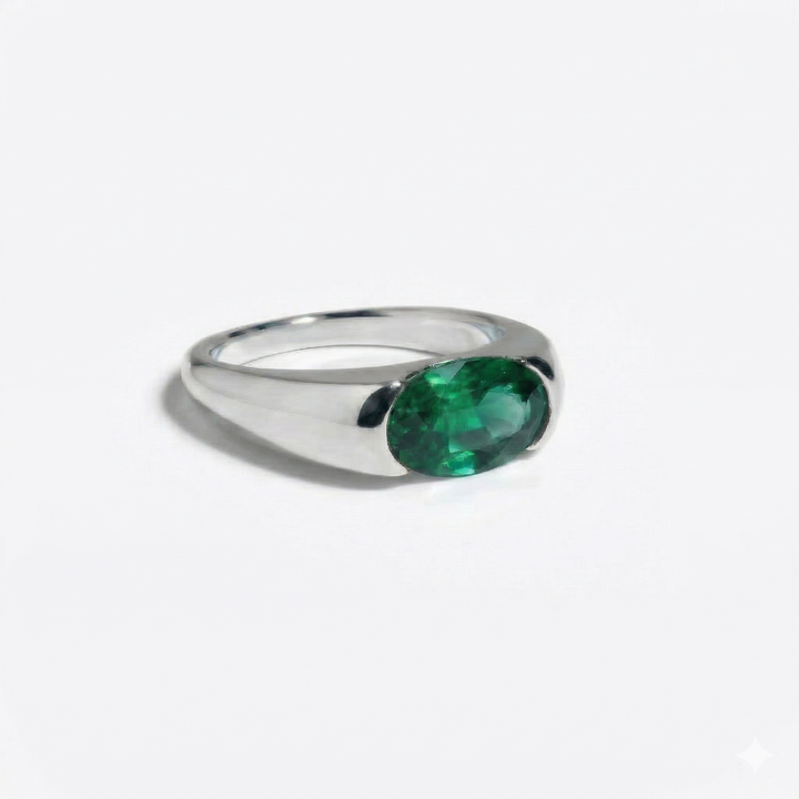Lab-grown emerald oval ring in platinum  — M Grace Jewelry