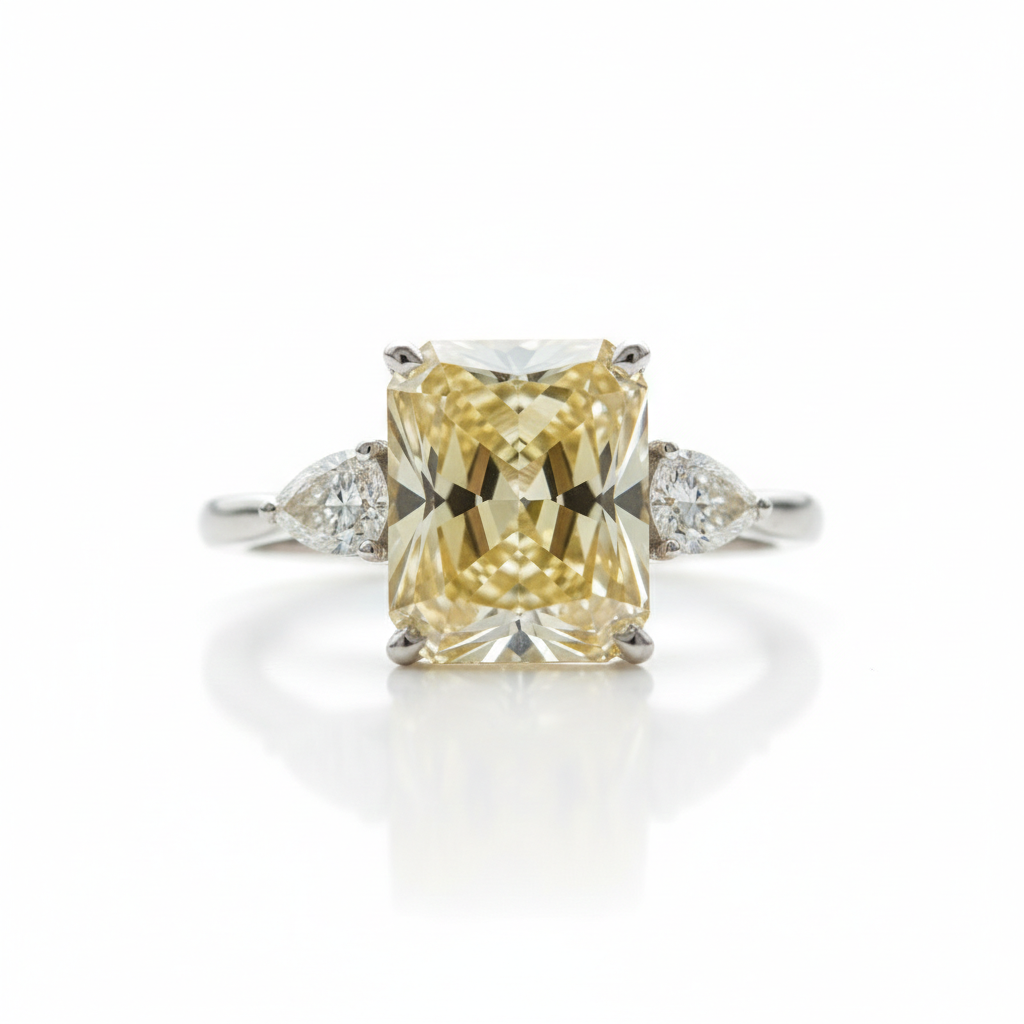 Fancy Intense Yellow radiant-cut lab diamond three-stone ring, M Grace Jewelry