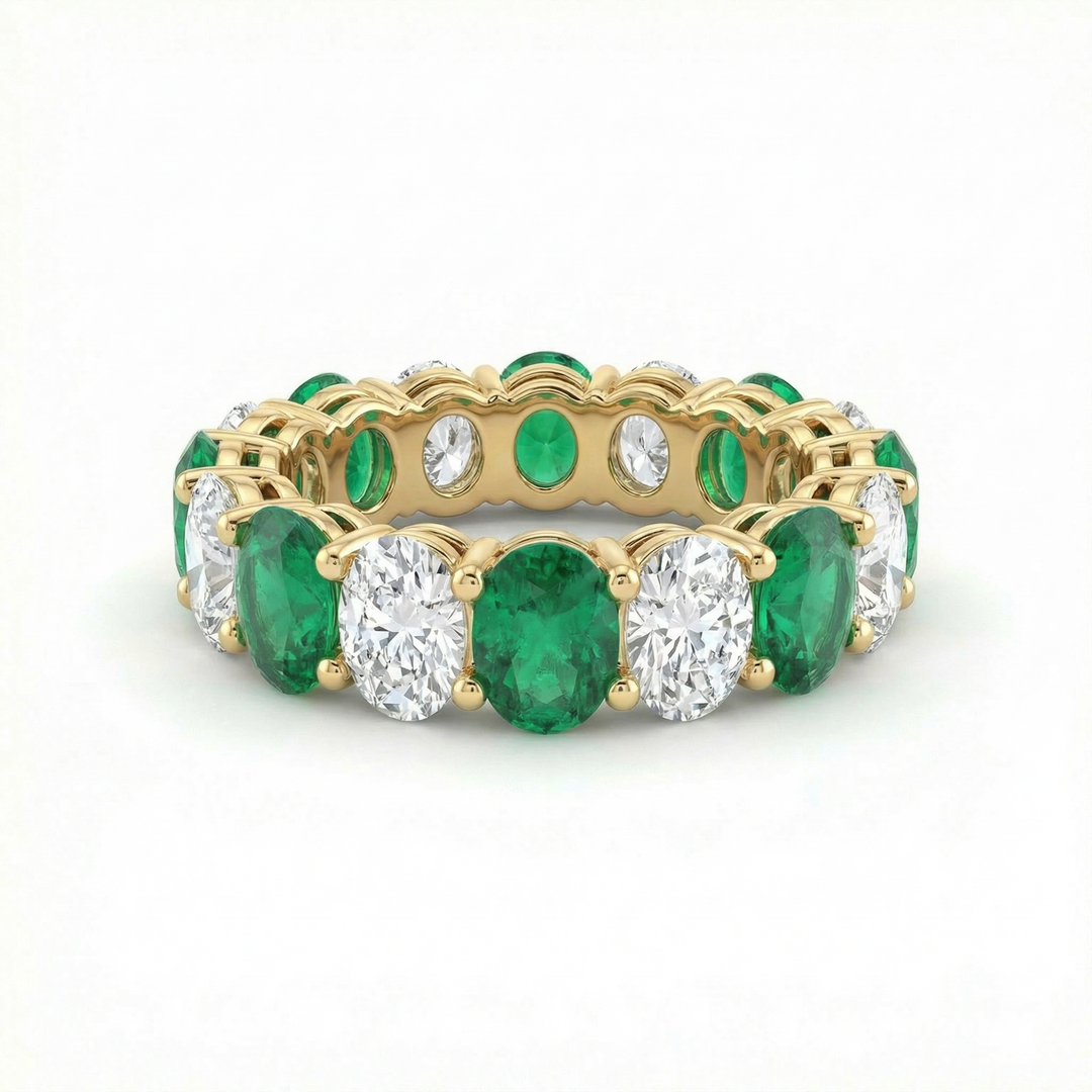 Lab-grown emerald and diamond full eternity ring — M Grace Jewelry