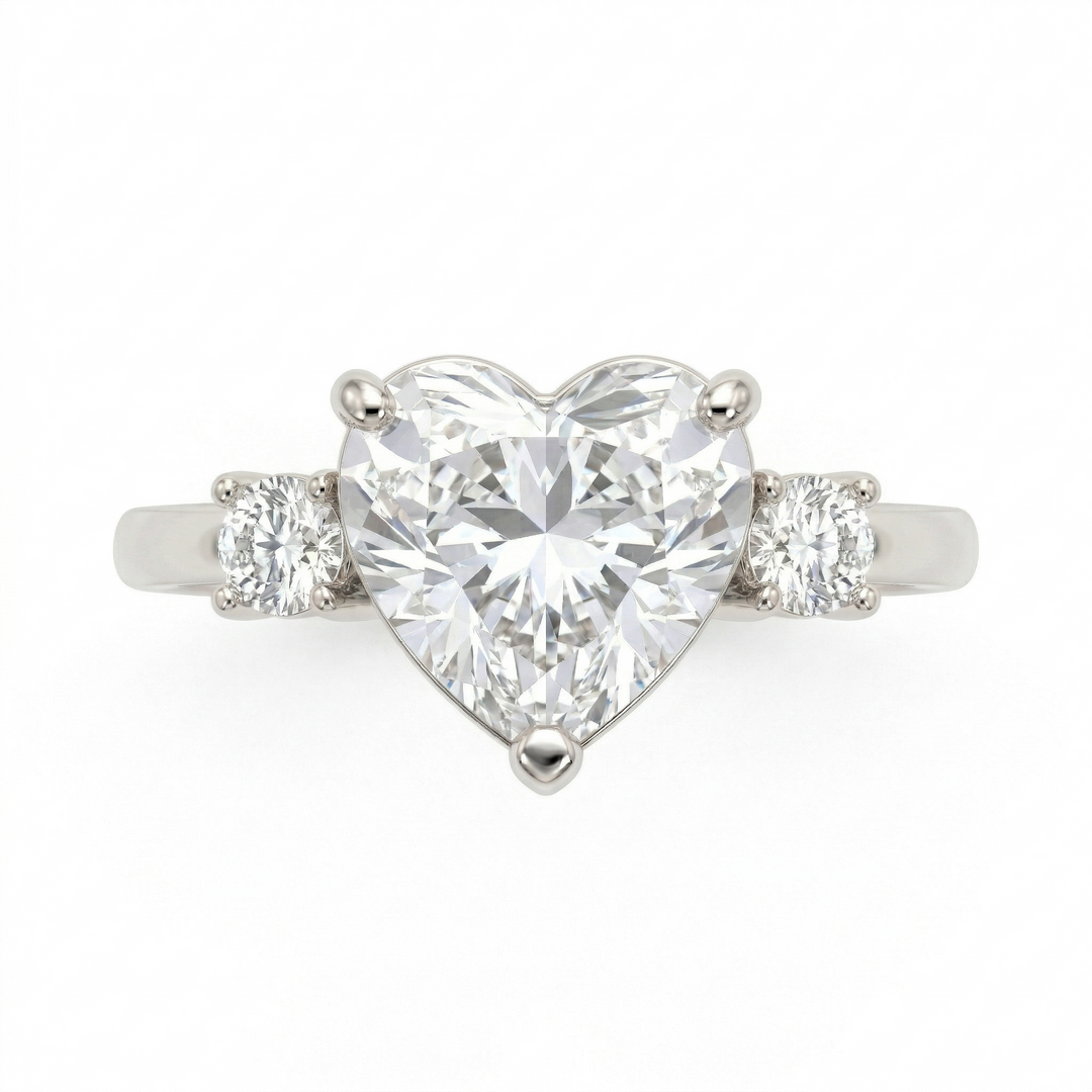 Platinum heart diamond three-stone ring, lab-grown — M Grace Jewelry