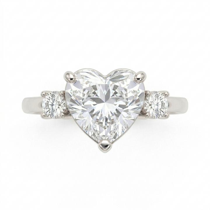 Platinum heart diamond three-stone ring, lab-grown — M Grace Jewelry