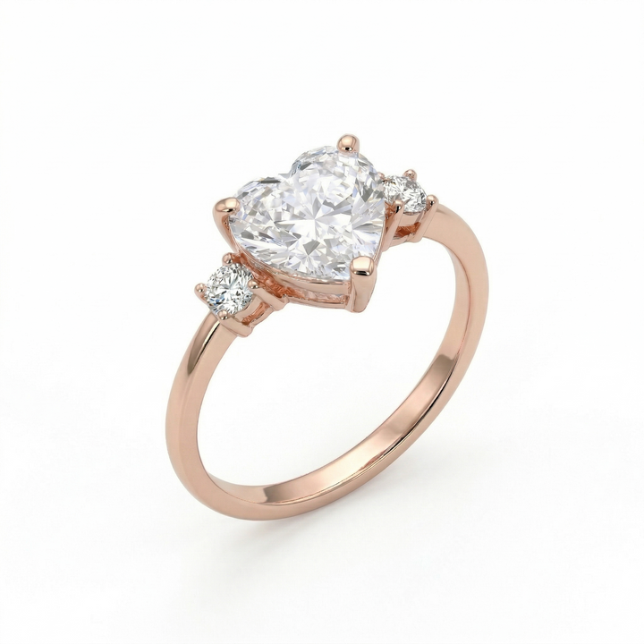 Rose gold heart diamond three-stone ring, lab-grown — M Grace Jewelry