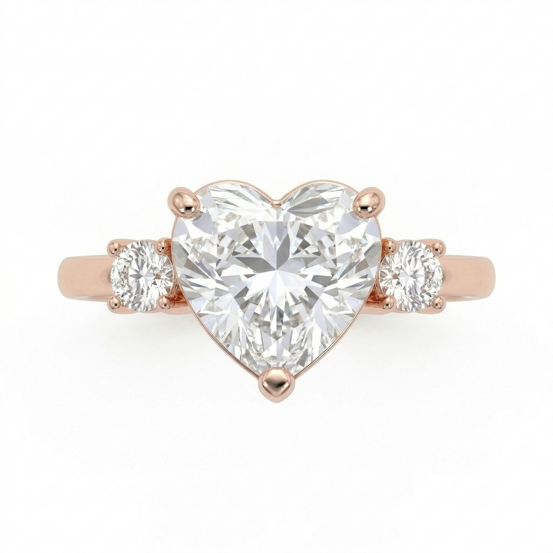 Rose gold heart diamond three-stone ring, lab-grown — M Grace Jewelry