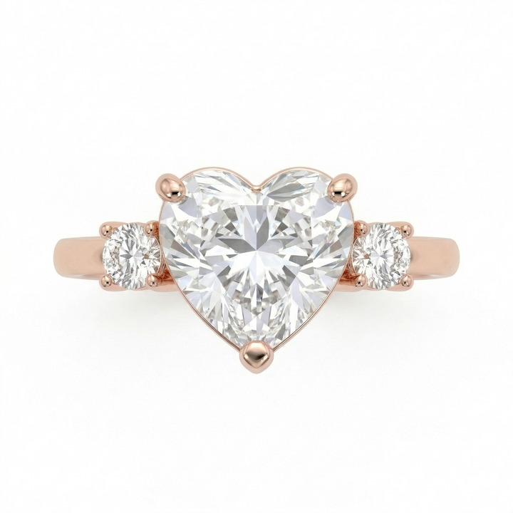Rose gold heart diamond three-stone ring, lab-grown — M Grace Jewelry
