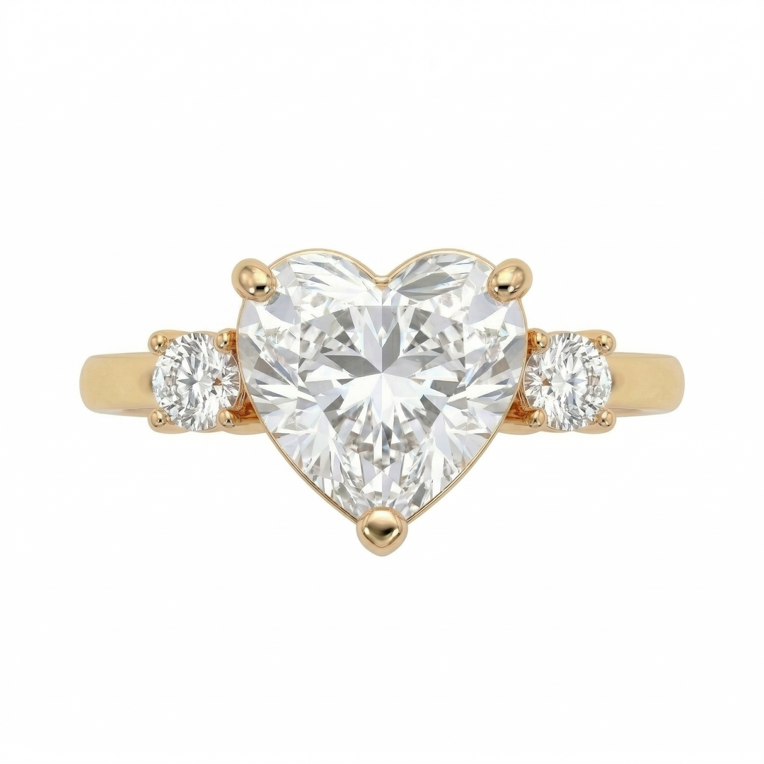 Yellow gold heart diamond three-stone ring, lab-grown — M Grace Jewelry