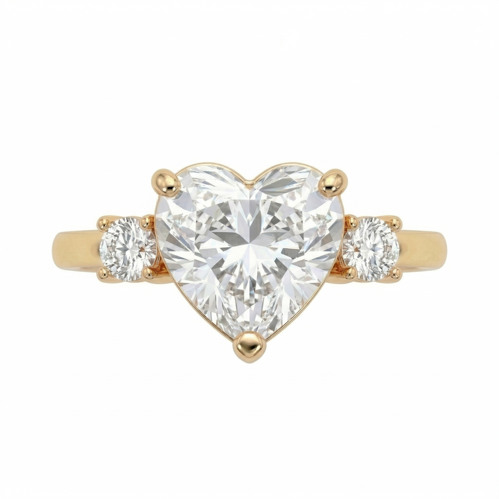 Yellow gold heart diamond three-stone ring, lab-grown — M Grace Jewelry