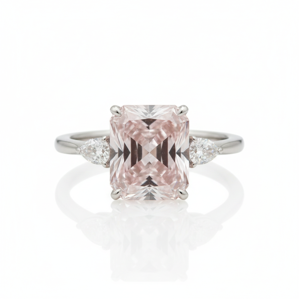 Fancy intense pink radiant lab diamond ring in platinum — M Grace Jewelry