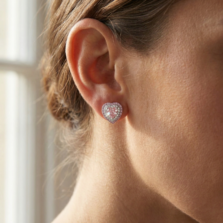 Fancy Pink heart diamond halo stud earrings in platinum, M Grace Jewelry