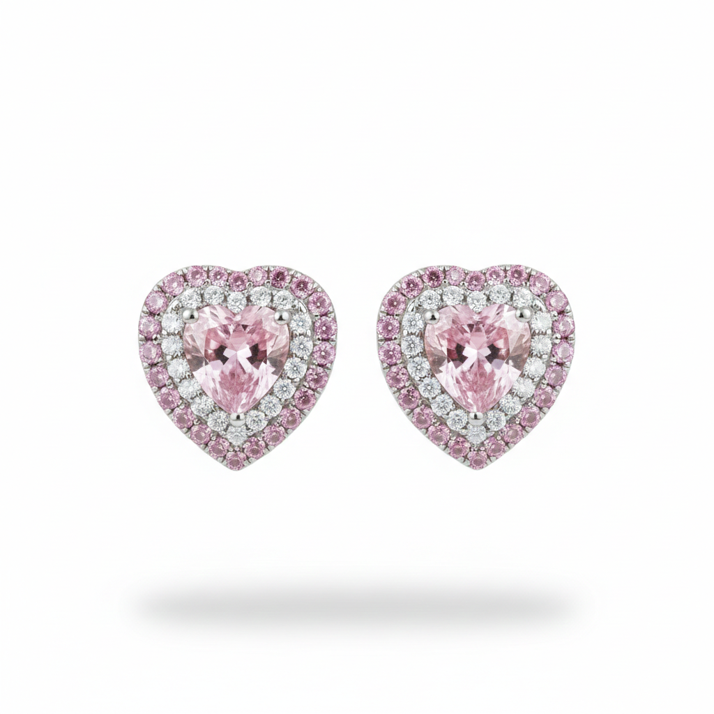 Fancy Pink heart diamond halo stud earrings in platinum, M Grace Jewelry