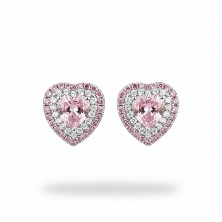 Fancy Pink heart diamond halo stud earrings in platinum, M Grace Jewelry