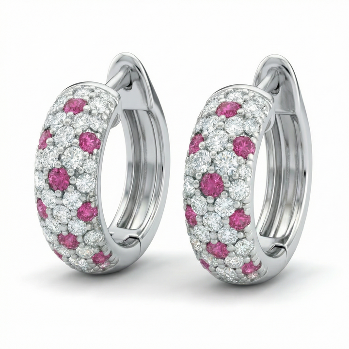Pavé lab-grown pink and white diamond hoop earrings in platinum — M Grace Jewelry