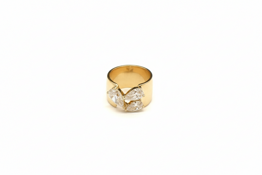 18K Yellow Gold Three Pear Diamond Wide Band Ring — M Grace Jewelry
