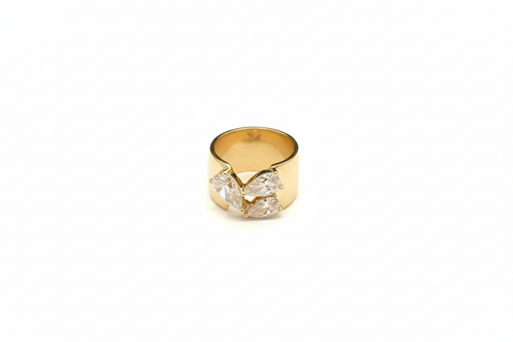 18K Yellow Gold Three Pear Diamond Wide Band Ring — M Grace Jewelry