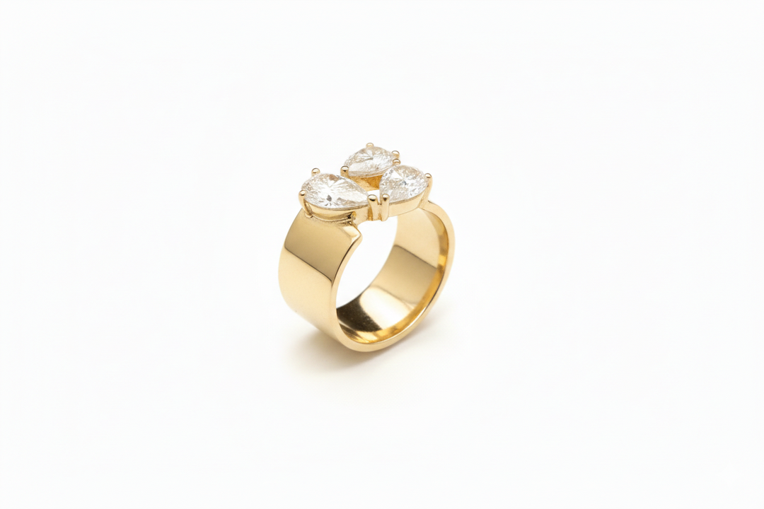 18K Yellow Gold Three Pear Diamond Wide Band Ring — M Grace Jewelry