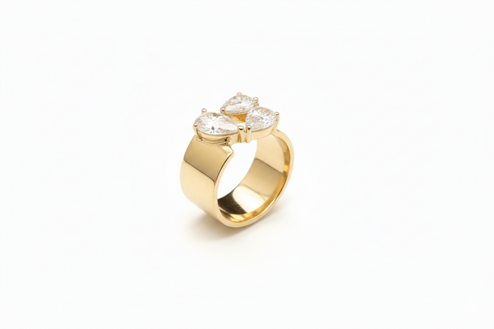 18K Yellow Gold Three Pear Diamond Wide Band Ring — M Grace Jewelry