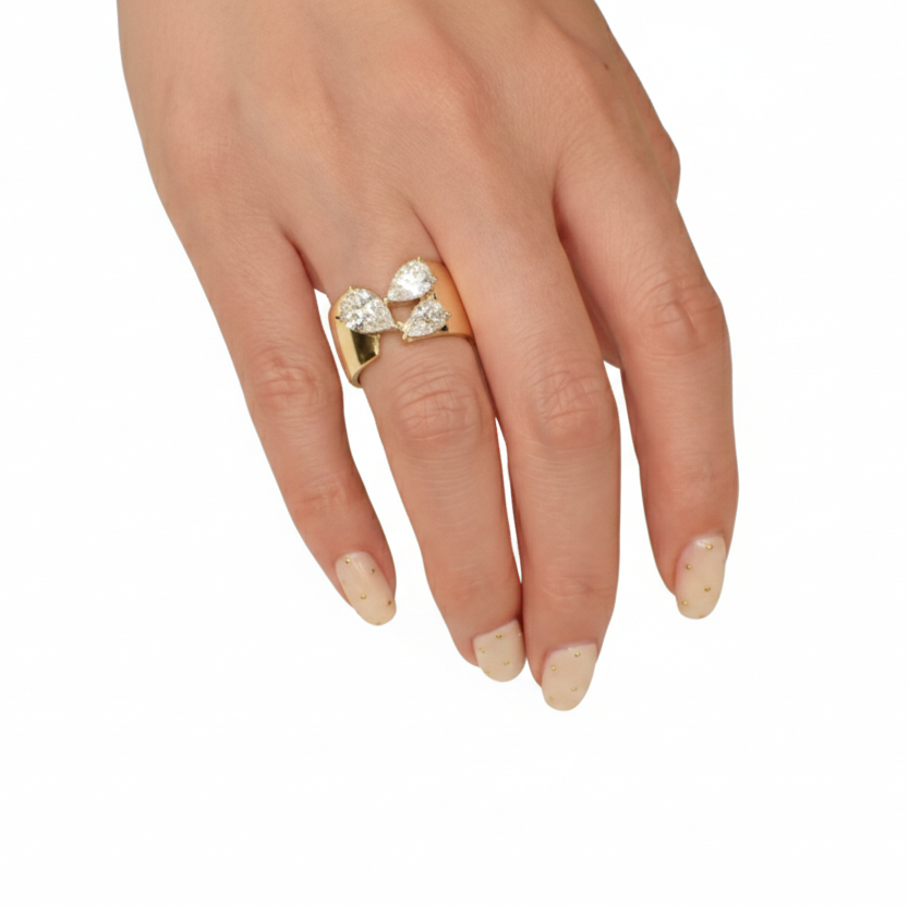 18K Yellow Gold Three Pear Diamond Wide Band Ring — M Grace Jewelry