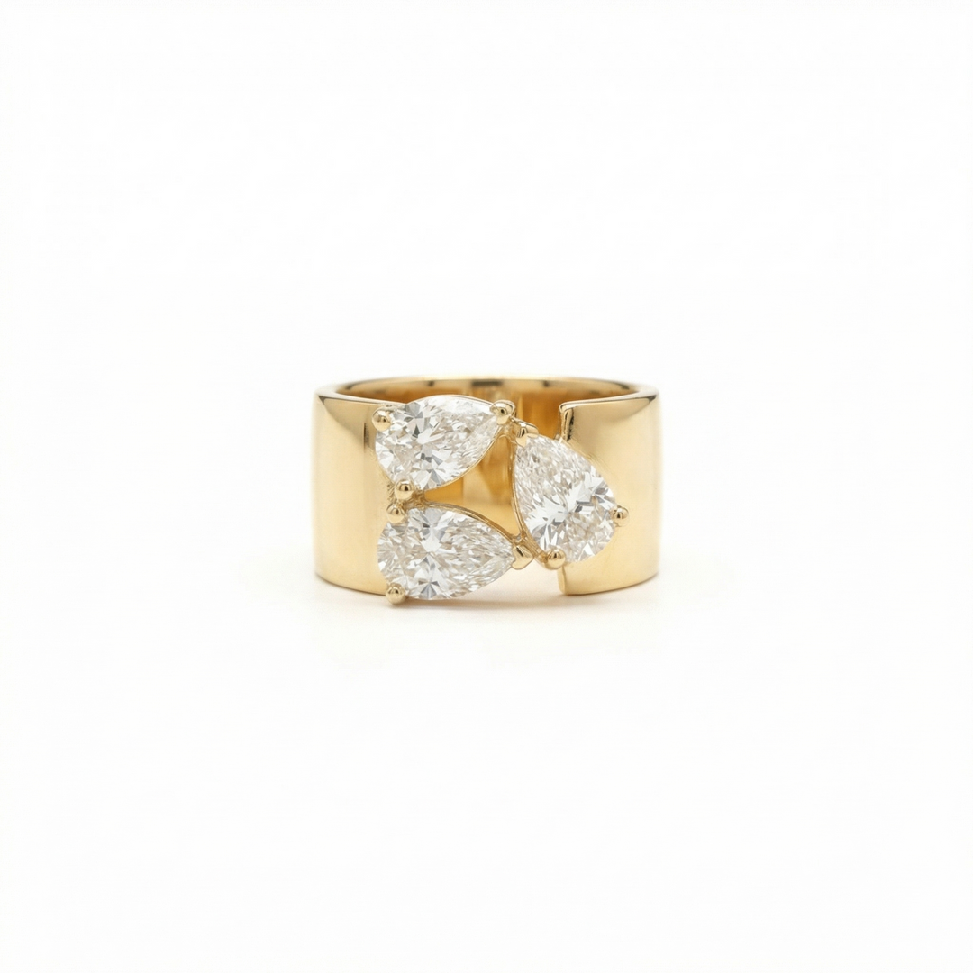 18K Yellow Gold Three Pear Diamond Wide Band Ring — M Grace Jewelry