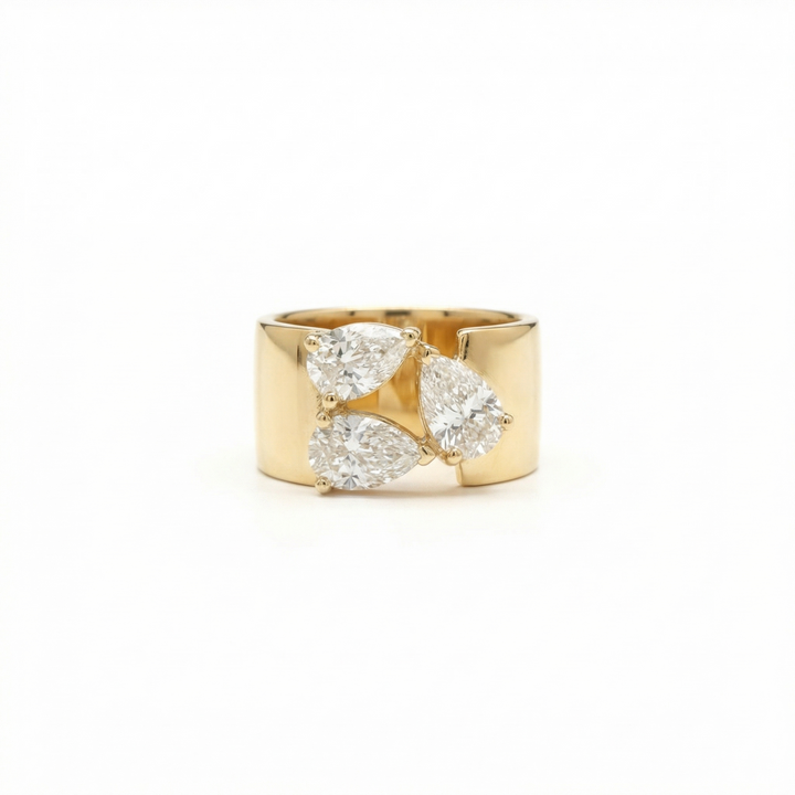 18K Yellow Gold Three Pear Diamond Wide Band Ring — M Grace Jewelry