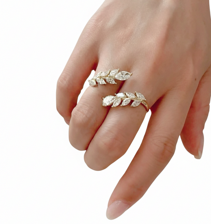 18K Yellow Gold Lab Diamond Two-Finger Leaf Ring Worn — M Grace Jewelry