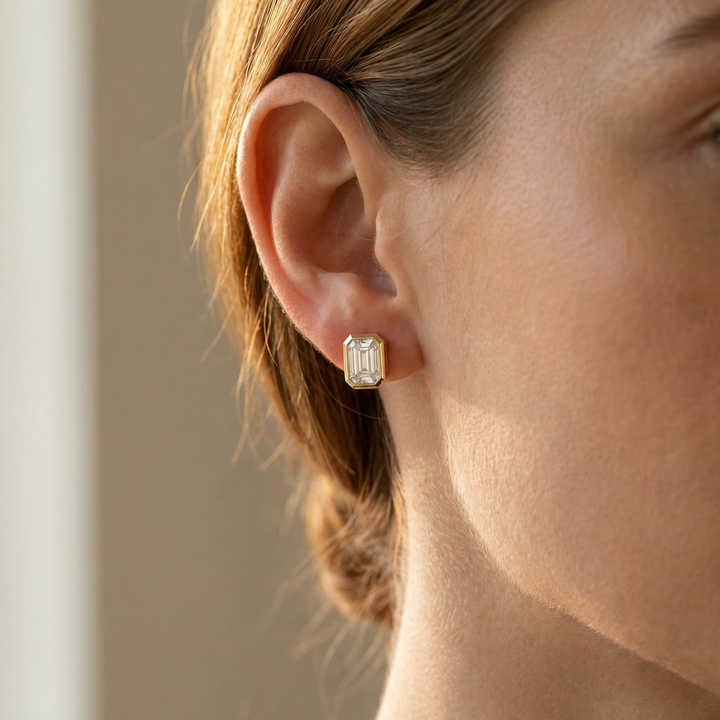 Gold emerald-cut bezel stud earrings, lab diamond, M Grace Jewelry