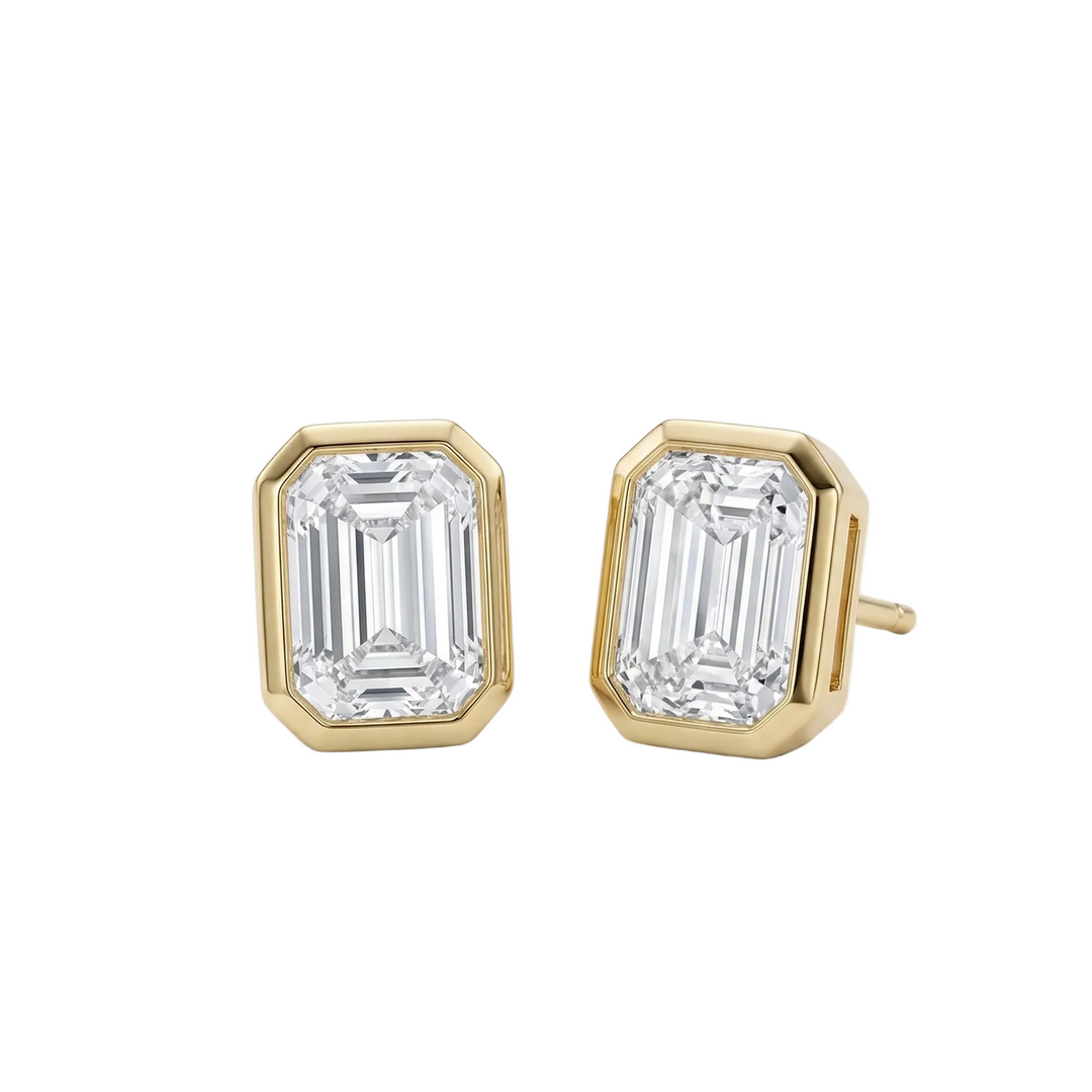 Gold emerald-cut bezel stud earrings, lab diamond, M Grace Jewelry