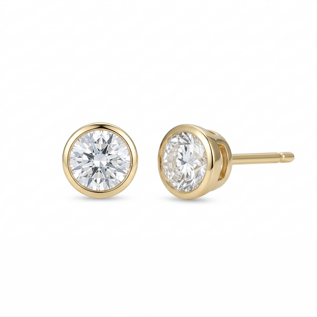 Yellow gold round bezel diamond stud earrings, lab-grown, M Grace Jewelry