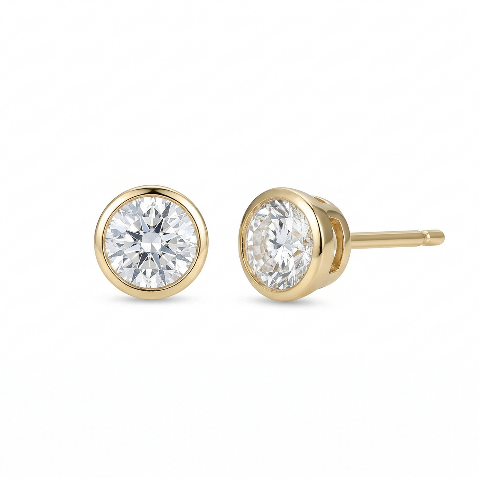 Yellow gold round bezel diamond stud earrings, lab-grown, M Grace Jewelry