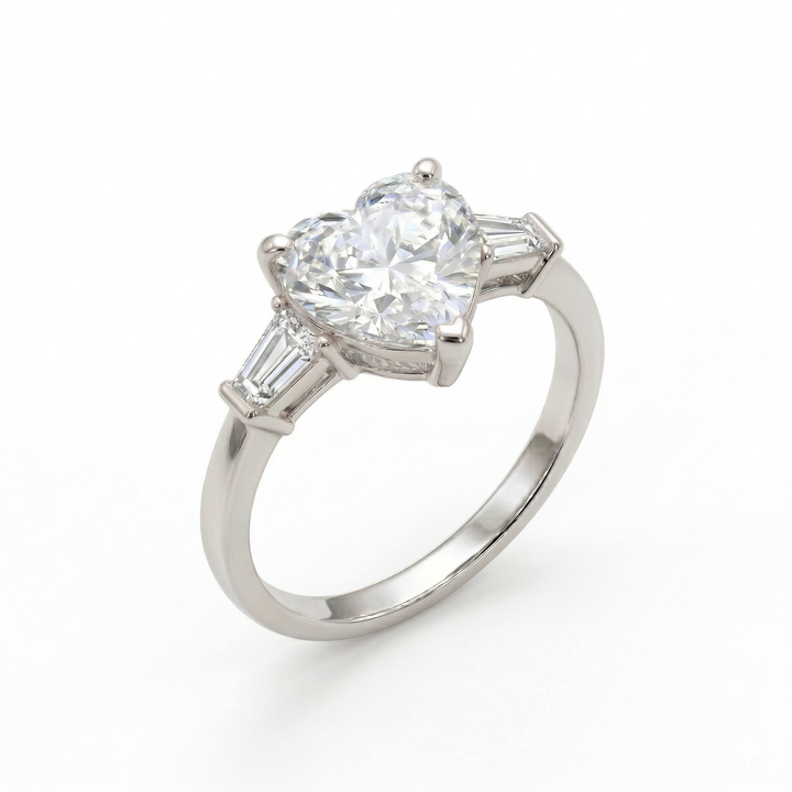 Platinum three-stone heart diamond ring handcrafted by M Grace Jewelry