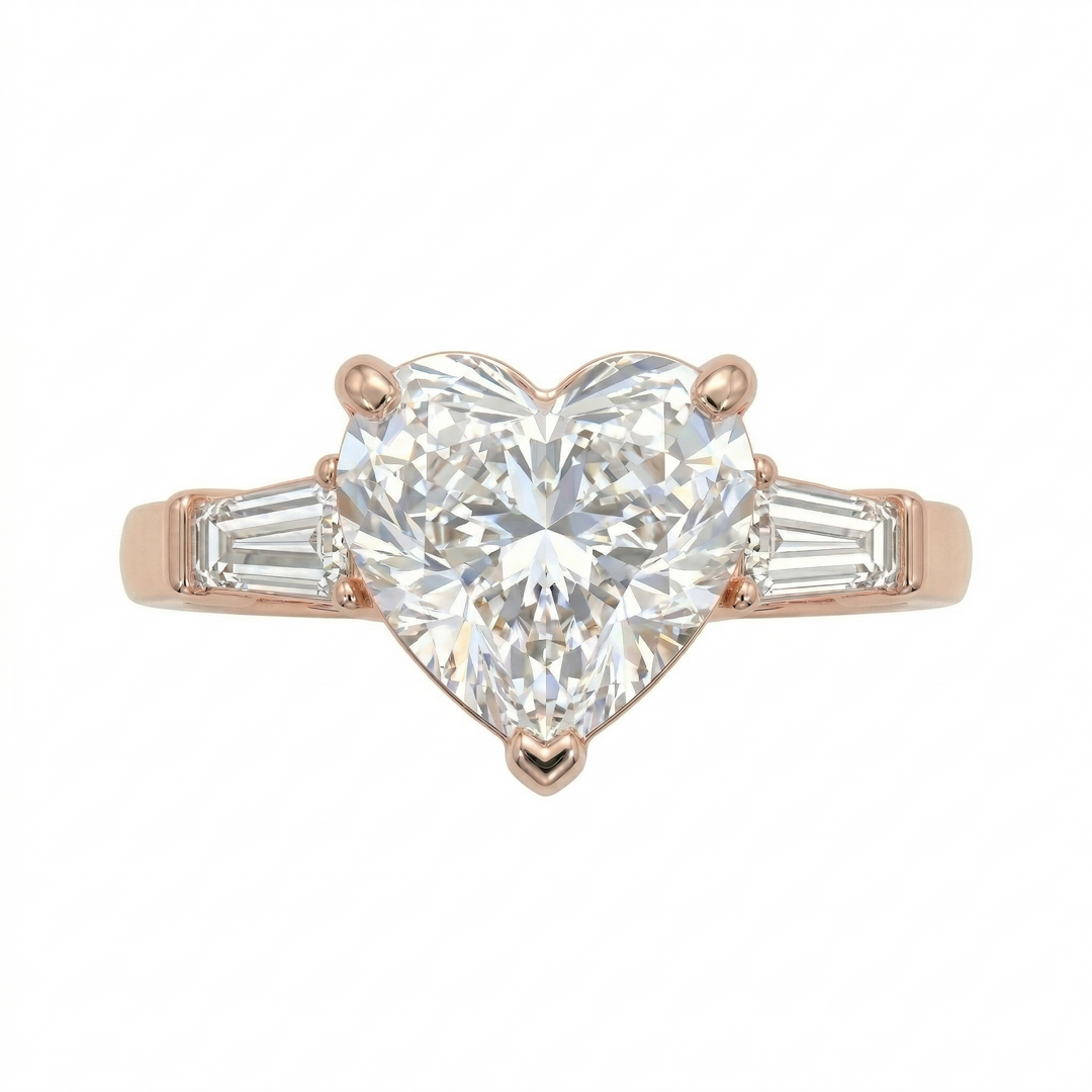 Rose gold three-stone heart diamond ring handcrafted by M Grace Jewelry