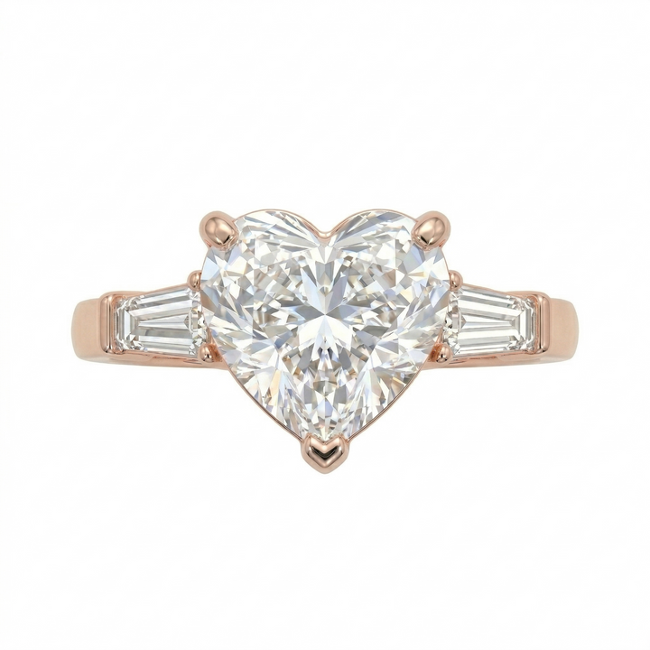 Rose gold three-stone heart diamond ring handcrafted by M Grace Jewelry