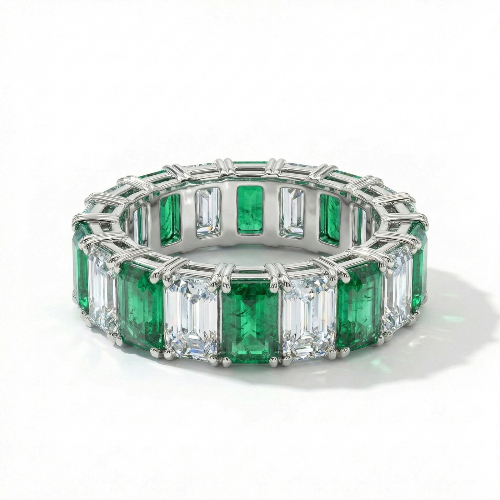 Platinum lab emerald and diamond eternity ring — M Grace Jewelry